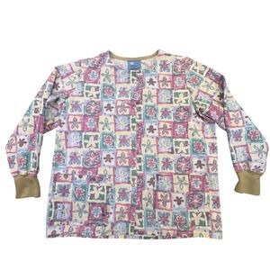White Swan Scrub Shirt Women's Medium Floral Print Long Sleeve Tile Pattern‎